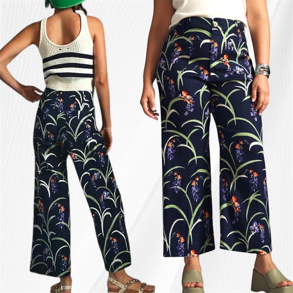 Maeve Anthropologie The Colette Floral Wide Leg Pants Navy Purple Orange Size 28